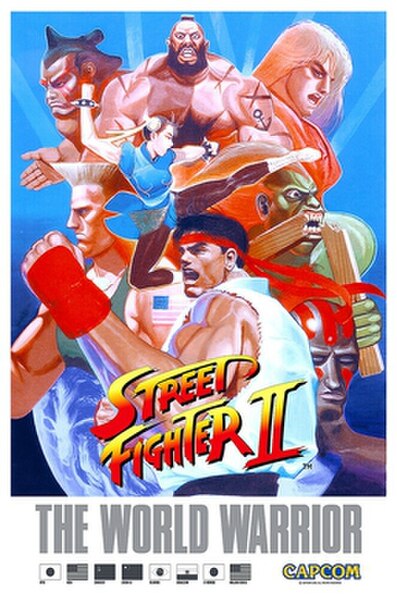 Japanese arcade brochure featuring the original eight main characters. Clockwise from top: Zangief, Ken, Blanka, Dhalsim, Ryu, Guile, and Honda. Cente