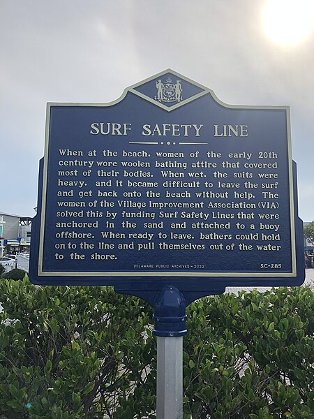 Historical marker SC-285, located in Rehoboth Beach, Delaware, about the danger of swimsuits made of wool. Marker put in place in 2022 by the Delaware