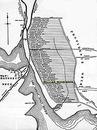 Original settlement plots on the East Side of Providence in 1650. Wickenden's strip of farmland (now Wickenden Street) is highlighted. Wickenden Street and other East Side streets received their names after the names of the original plot owner, (e.g. Arnold, Williams, Angell, Waterman) Wickenden Street map.jpg