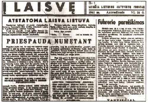 Front page of the first issue of the newspaper Į laisvę [lt] ("To Liberty") with the declaration of independence