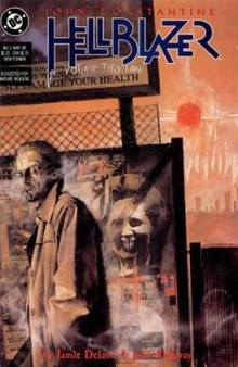 Jamie Delano would often put his own political views in the comic, as seen here in the cover of Hellblazer #3 by Dave McKean. The artwork depicts John Constantine passing by a vandalized image of Margaret Thatcher and a sign that says, "Voting Tory can damage your health", both of which are the cause of London burning in the background. Hellblazercover.jpg