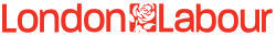 Bir gülün kırmızı silueti üzerinde beyazın sağında sans-serif yazı tipinde beyaz kelime 