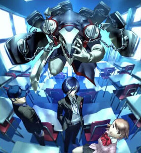 A Japanese ad for Persona 3, created by the game's art director, Shigenori Soejima. The ad "contains three important game elements: school, Persona, a