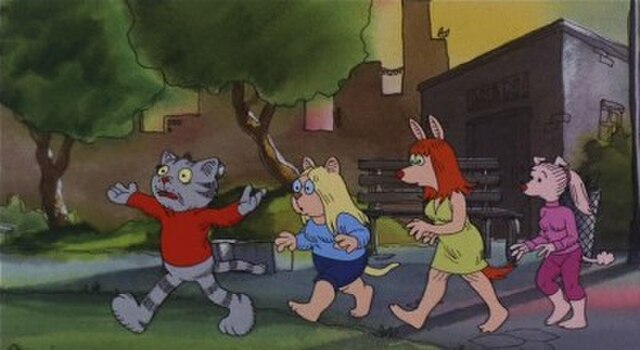 An image from Fritz the Cat, with Fritz and a trio of young women he is trying to pick up by Washington Square Park: The background demonstrates one o