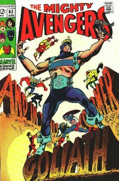 Clint Barton as the second Goliath on the cover of Avengers #63 (April 1969). Art by Gene Colan.