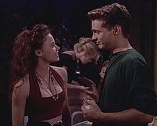 Brandon resists Nikki's advances in vain. (Dana Barron and Jason Priestley in "A Song of Myself".) 90210S3.jpg