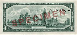 Canada $1 Centennial banknote, with dates, reverse.jpg