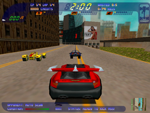 On the starting grid of the first level (Windows version) Carmageddon 2 in-game screenshot (Windows).png