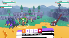 The battle system of the game involves turn-based attacks with monsters that the player and their companion have transformed into. Cassette Beasts Screenshot.png