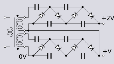 A second cascade stacked onto the first one driven by a high voltage isolated second secondary winding. The second winding is connected with 180deg phase shift to get full wave rectification. The two windings need to be insulated against the large voltage between them. Full-wave stacked Villard cascade.svg