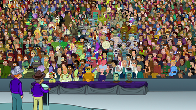 A view of the many secondary and tertiary characters in Futurama, as seen in Futurama: Into the Wild Green Yonder Futurama-cast.png