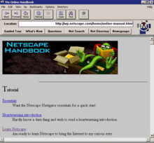 Mosaic Netscape 0.9, a preview version, with image of the Mozilla mascot, and the Mosaic logo in the top-right corner Mosaic Netscape 0.9 on Windows XP.png