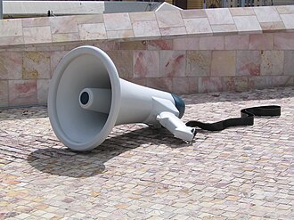 Perry's "Public Address" (2005) at its original site in Federation Square, Melbourne. SimonPerryMegaphone.JPG