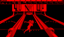 Gameplay of Nester's Funky Bowling. It features the Virtual Boy's trademark red and black visuals. VB Nester's Funky Bowling.png