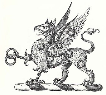 A heraldic griffin passant of the Bevan family crest.