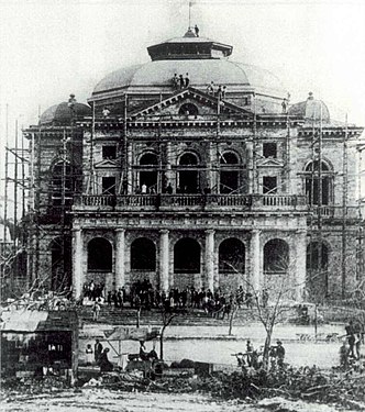 The Municipal Theatre of Corfu being built, featuring the original dome which was later removed for sound-enhancement reasons