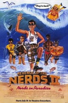 Nerds op het strand, een enorme golf op de achtergrond