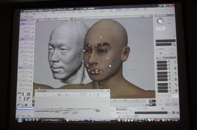 A Yakuza 3 Event Mode minor character's face being modeled in 3D through Softimage XSI 6.5. During this scan, the actor wore a swim cap to substitute 