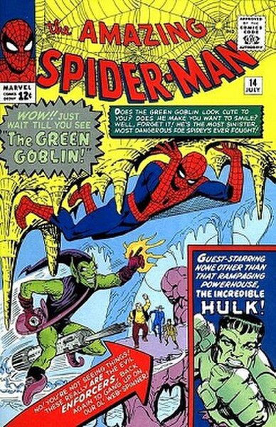 The Amazing Spider-Man #14 (July 1964), the Green Goblin's first appearance; the character originally used a turbo-fan-powered "flying broomstick". Co