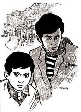 Feluda and Topshe (left) in Feludar Goendagiri, drawing by Satyajit Ray