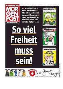 The front cover of the Hamburger Morgenpost on 8 January 2015, in which satirical Charlie Hebdo images were re-published with the title "This much freedom must be possible!" Hamburger Morgenpost 8 Jan 2015.jpg