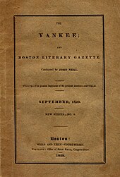 September 1829 issue of The Yankee, containing Neal's first critique of Edgar Allan Poe's work Yankee Sept 1829 Neal Poe.jpg