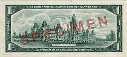 Canada $1 Centennial banknote, with serial number, reverse.jpg