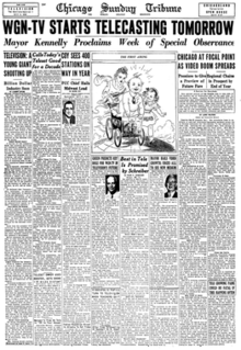 The front page of Part Five of the Chicago Sunday Tribune of April 4, 1948, announcing the launch of WGN-TV the next day. Chicago Tribune Announces WGN-TV Debut in April 1948.png