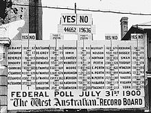 Record board of the West Australian showing results for the Popular Referendum on Australian Federation, 31 July 1900. Federal poll 1900.jpg