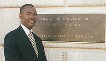 Tompkins posing in front of U.S. Federal Court House Montgomery, Alabama Jessie Tompkins court.JPG