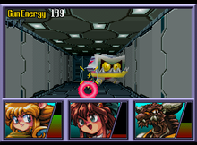 The player shoots an enemy using Emilia as the leader. The player has limited movement while the firing crosshair is visible. PS1 Crime Crackers.png