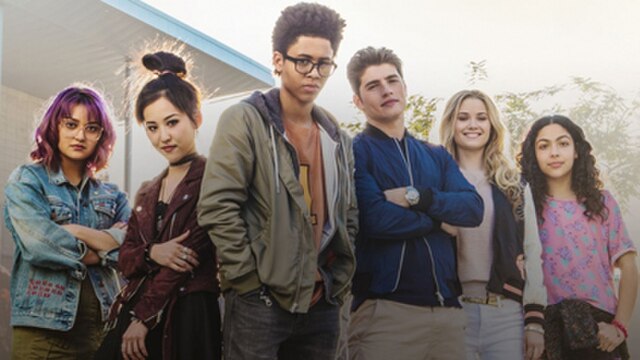 Promotion image of the Runaways from the 2017 television series of the same name (L:R: Ariela Barer as Gert Yorkes, Lyrica Okano as Nico Minoru, Rhenz