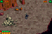 A gameplay screenshot of Lego Bionicle: Quest for the Toa, which uses an isometric perspective. The player's remaining health, item uses, and ammunition are tracked in the on-screen HUD. GBA Lego Bionicle - Quest for the Toa (Lego Bionicle).png