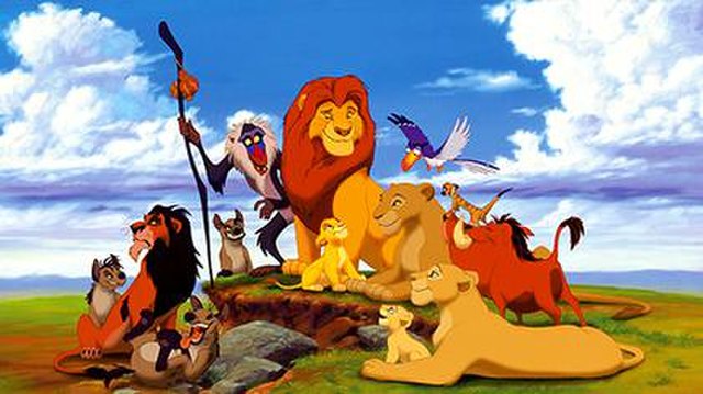 A promotional image of the characters from the film. From left to right: Shenzi, Scar, Ed, Banzai, Rafiki, Young Simba, Mufasa, Young Nala, Sarabi, Za