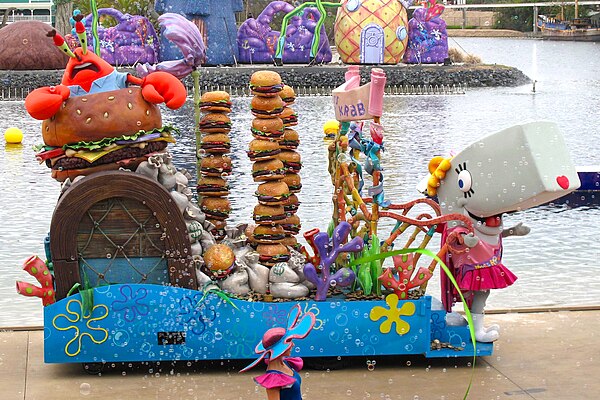 A float featuring Mr. Krabs and Pearl at Sea World in Southport, Queensland.