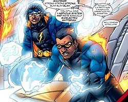 Static and Black Lightning discuss the differences between their abilities while facing an enemy ("The Brave and the Bold" vol. 3 #24). Art by Howard Porter. Static Black Lightning.jpeg