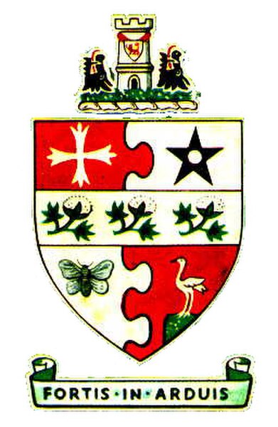 The coat of arms of the former Middleton Municipal Borough Council, granted by the College of Arms on 28 January 1887. The motto Fortis in Arduis is L