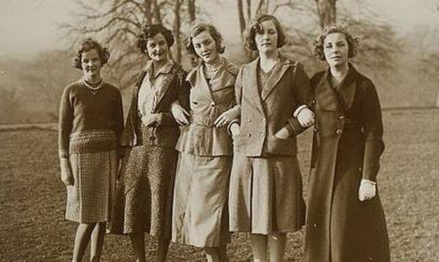 Jessica, Nancy, Diana, Unity, and Pamela Mitford in 1935. Of the six sisters, the youngest, Deborah, is absent.