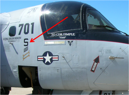 Capital letter "S" painted on the side of this S-3B Viking indicates that the squadron was the recipient of the annual CNO Aviation Safety Award. The hashmarks under the letter indicate multiple year awards. Safety S on S-3B Viking.png