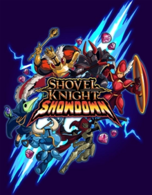A group of knights carrying various weapons surround the words "SHOVEL KNIGHT SHOWDOWN", located in the center. Pink gems float in the air around the knights.
