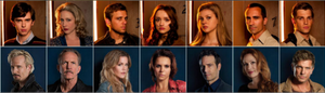 Members of the cast, from left to right; upper row: Highmore, Farmiga, Thieriot, Cooke, Peltz, Carbonell, Vogel; lower row: Eklund, O'Neill, Robertson, Kwiatkowski, Vartan, Creskoff, and Johnson Batesmotelcast.png