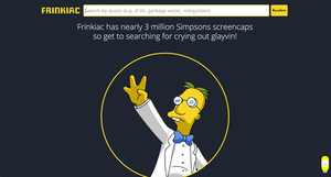 A search bar and logo for the site on the top, with the slogan and Professor Frink showing three fingers below it