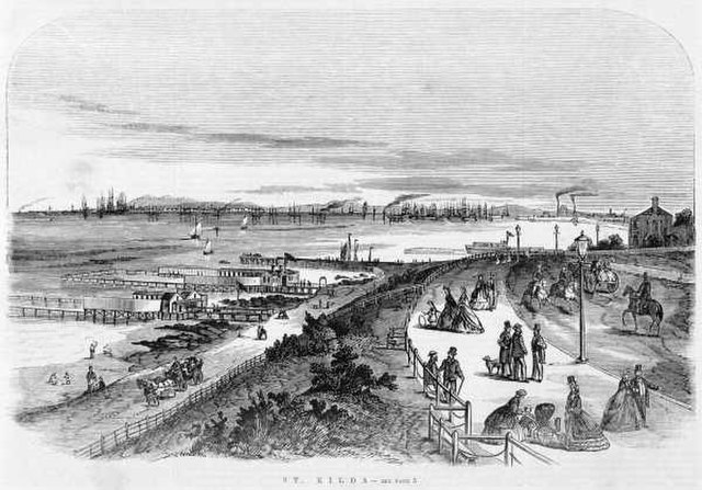 Early lithograph (1864) of St Kilda main beach, looking toward west beach and Port Melbourne