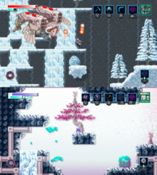 The same location in the Overworld (top) and the Breach (bottom). Axiom Verge 2 parallel worlds.png