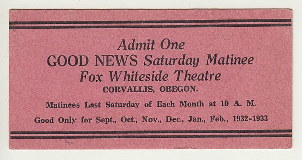 Matinee pass for the "Fox Whiteside Theatre," 1932. Whiteside-Ticket-1932.jpg