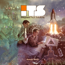 The album title appears above a woman using a computer and a man watching over her shoulder. The two are surrounded by scientific imagery such as flasks, microchip patterns, and a rocket ship, as well as some mystic symbols such as a yogi and the Eye of Providence.