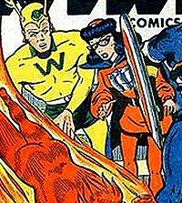 Cover detail, All Winners Comics #21 (Winter 1946-47): In a superhero rarity, Miss America wears glasses. AllWinners21 detail.jpg