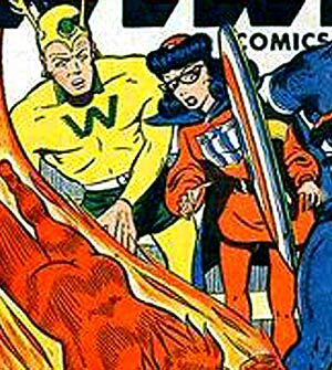 Cover detail, All Winners Comics #21 (Winter 1946–47): In a superhero rarity, Miss America wears glasses.