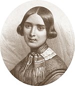 drawing of young white woman, with short dark hair, in plain early 19th century dress
