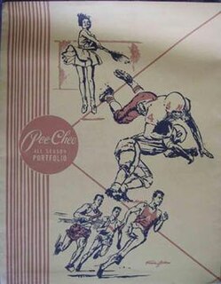 The yellow Pee-Chee All Season Portfolio was a common American stationery item in the second half of the 20th century, commonly used by students for storing school papers. It was first produced in 1943 by the Western Tablet and Stationery Company of Kalamazoo, Michigan. Pee-Chees were later produced by the Mead Corporation.